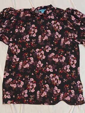 CeCe/Blouse/Womens L/Black Pink Floral/Puff Sleeve Cottagecore Romantic Chic Top